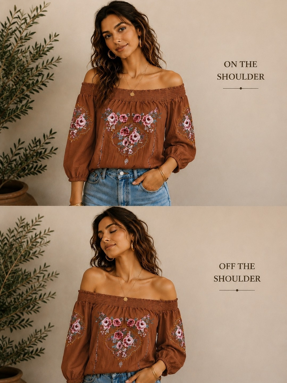 On/Off-Shoulder Brown Floral Embroidered Peasant Top - NWOT - Picture 2 of 4